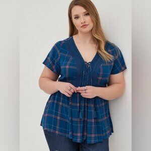 Torrid Shirt 2 Womens 2X Blue Plaid Crinkle Crochet Babydoll Top Grunge 90s